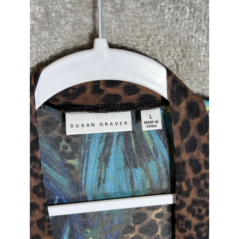 Susan Graver Sheer Mesh Peacock Animal Print Open Cardigan Top Womens Size Large - Picture 3 of 6